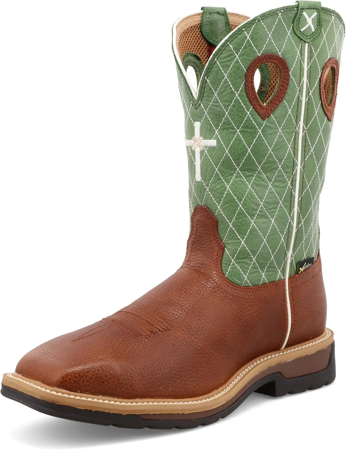 Twisted X Men's 12" Western Work Boot, Square Toe Steel Toe, Cognac Glazed Pebble & Lime - w/Metgaurd, 10 EE