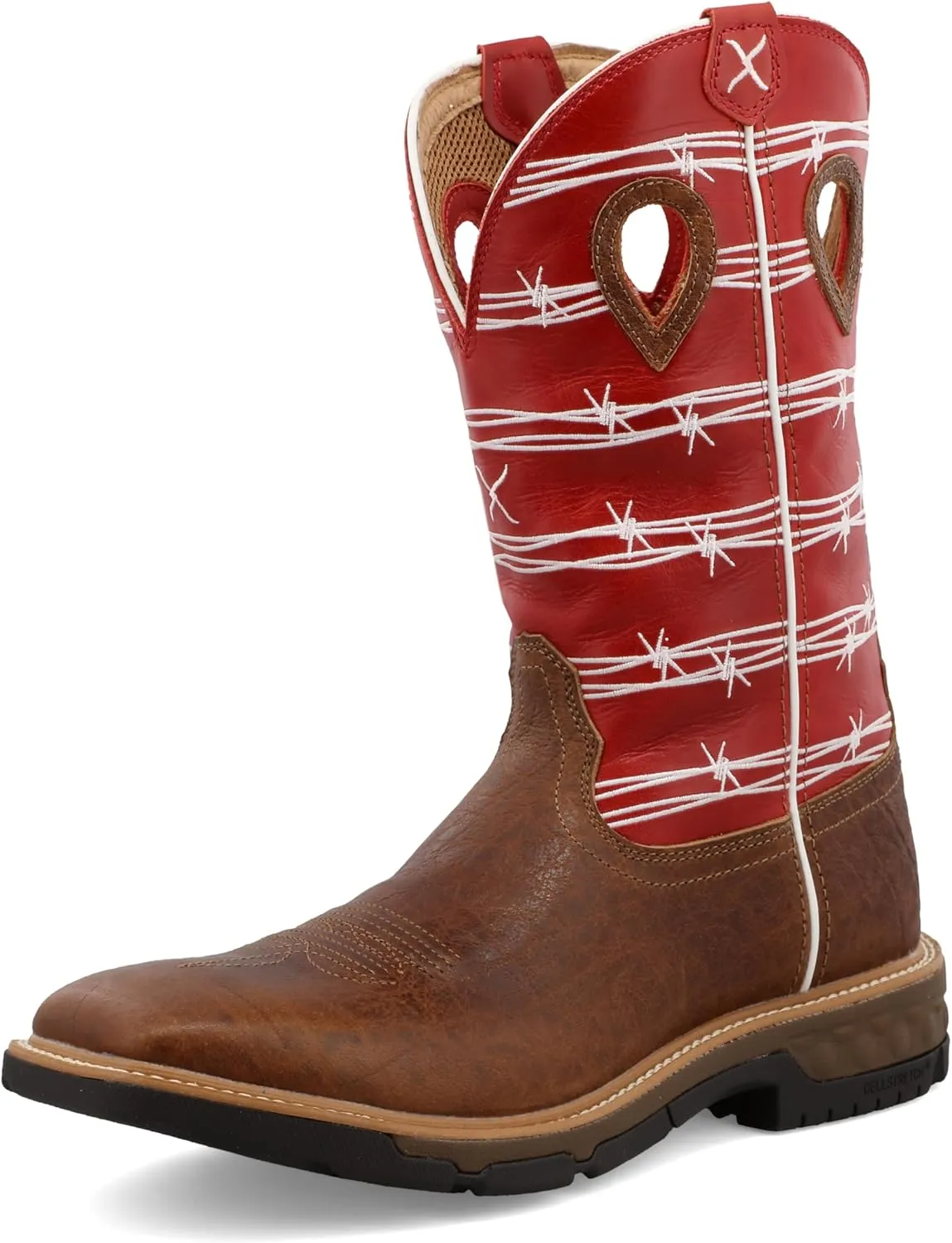 Twisted X Men's 12" Western Work Boot, Square Toe with CellStretch, Distressed Saddle & Ruby, 9.5 D