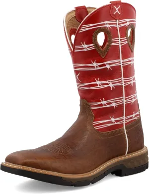 Twisted X Men's 12" Western Work Boot, Square Toe with CellStretch, Distressed Saddle & Ruby, 9.5 D