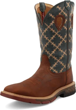 Twisted X Men's 12" Western Work Boot, Square Toe with CellStretch, Mocha & Slate, 8 EE