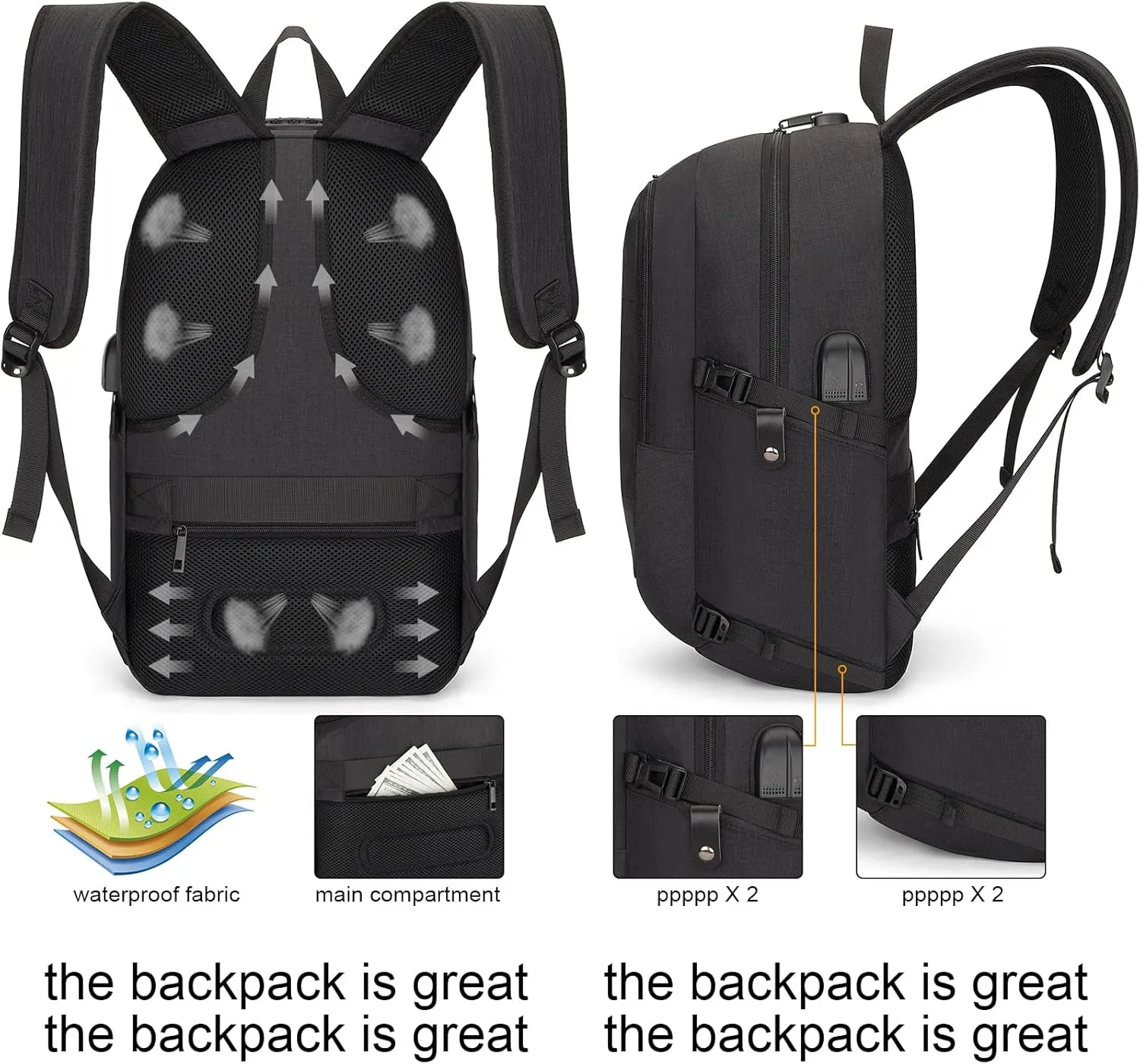 Tzowla Anti-Theft Water Resistant 17.3 Inch Laptop Backpack with USB Charging Port and Lock, Black