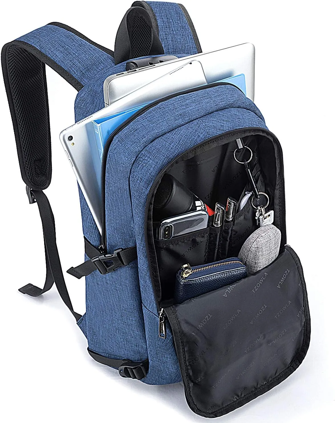 Tzowla Business Laptop Backpack Anti-Theft Backpack with USB Charging Port and Lock 15.6 Inch Computer Backpacks for Women Men, Casual Hiking Travel Daypack (Blue)