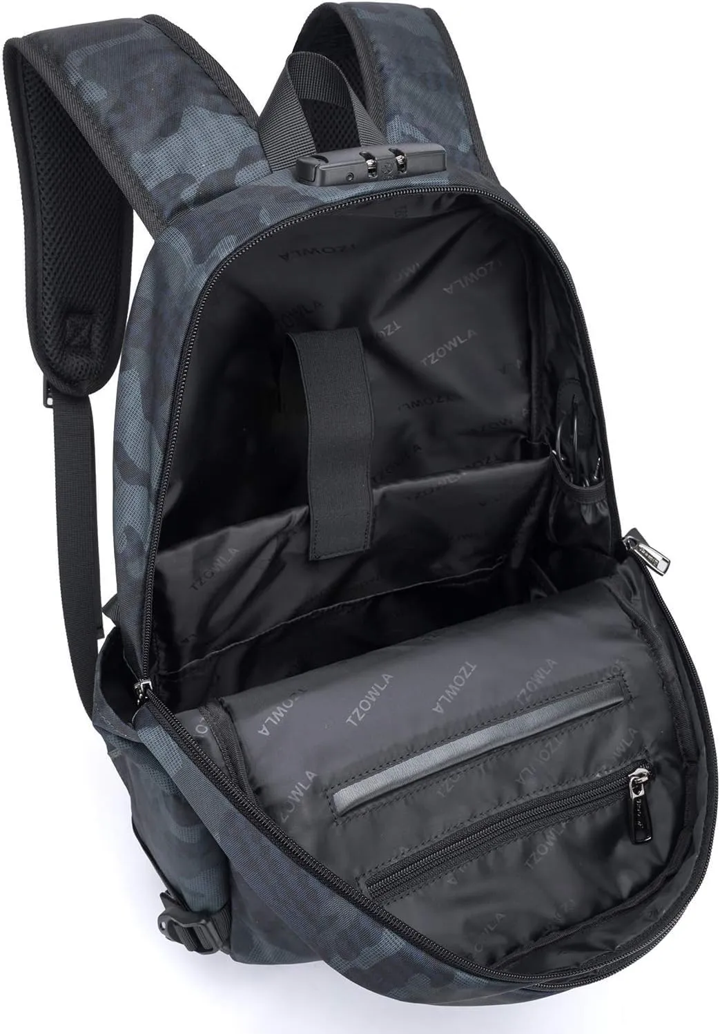Tzowla Business Laptop Backpack Water Resistant Anti-Theft Backpack with USB Charging Port and Lock 17.3 Inch Computer Backpacks for Women Men, Casual Hiking Travel Daypack (Navy Blue Camo)