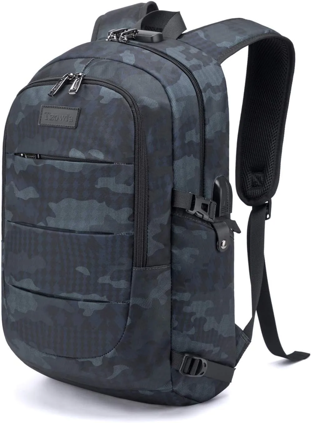 Tzowla Business Laptop Backpack Water Resistant Anti-Theft Backpack with USB Charging Port and Lock 17.3 Inch Computer Backpacks for Women Men, Casual Hiking Travel Daypack (Navy Blue Camo)