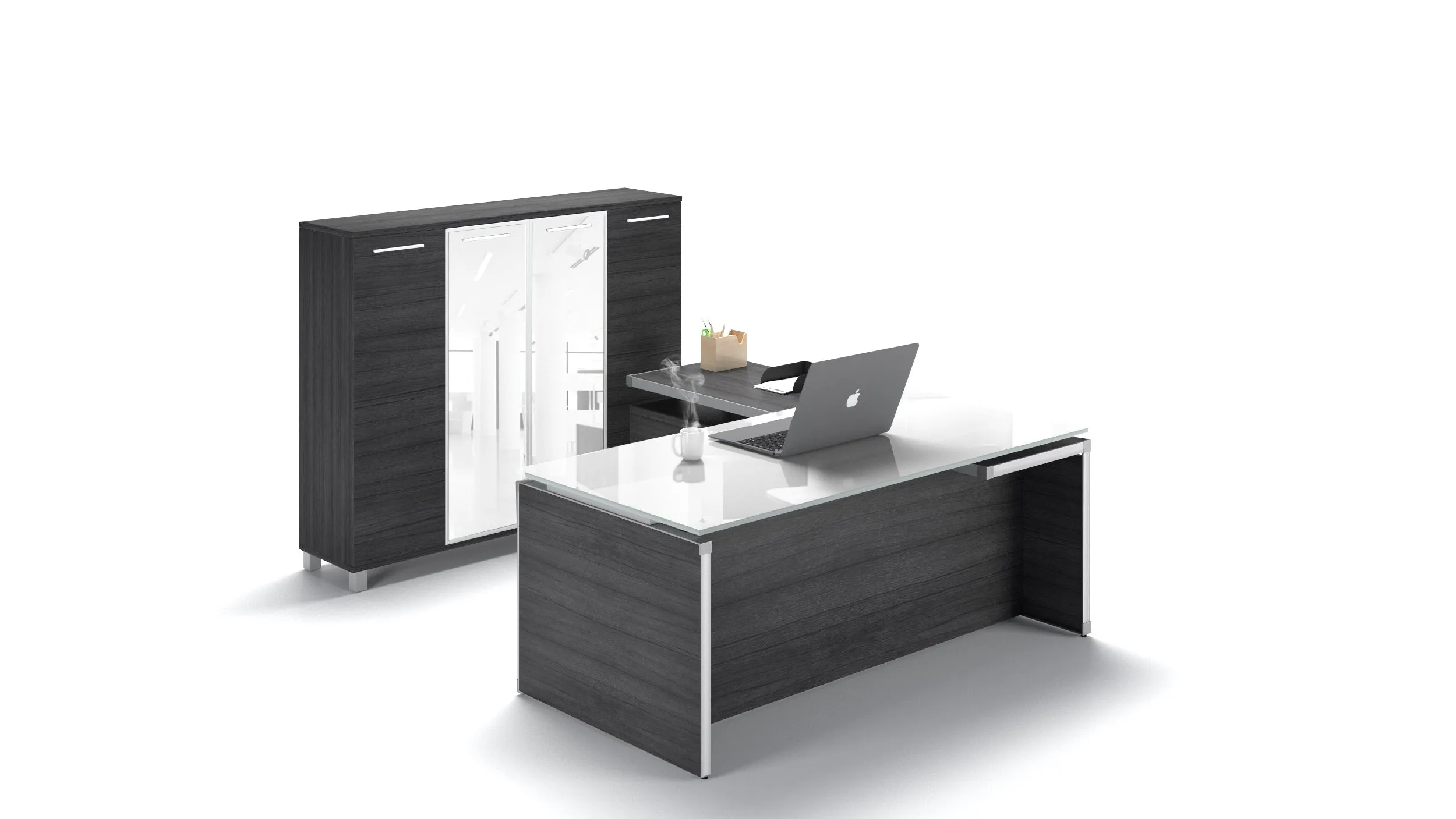 U-Shape Executive Desk with Glass Top Grigio