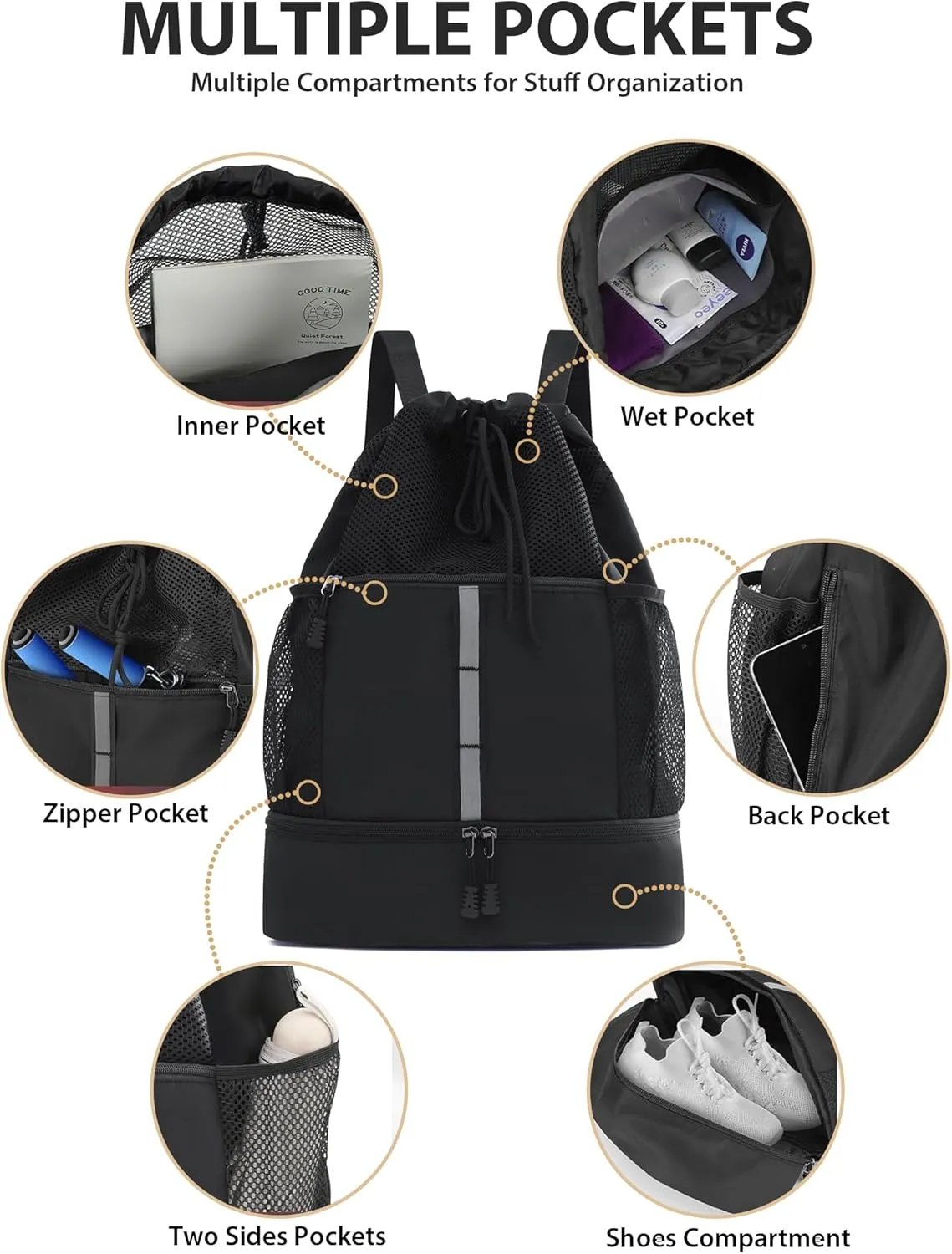 U.helper Waterproof Gym Drawstring Backpack, Sports Sack with Shoes Compartment & Wet Pockets for Ball/Beach/Swim Training (Black)