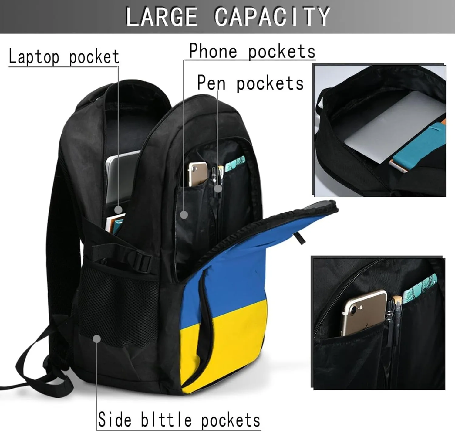 Ukraine Flag Casual Travel Backpacks Hiking Camping Backpack Large Outdoor Sport Daypack Laptop Rucksack Climbing Working Bags with USB Port