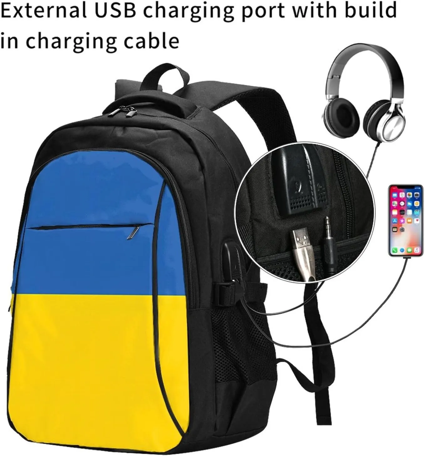 Ukraine Flag Casual Travel Backpacks Hiking Camping Backpack Large Outdoor Sport Daypack Laptop Rucksack Climbing Working Bags with USB Port