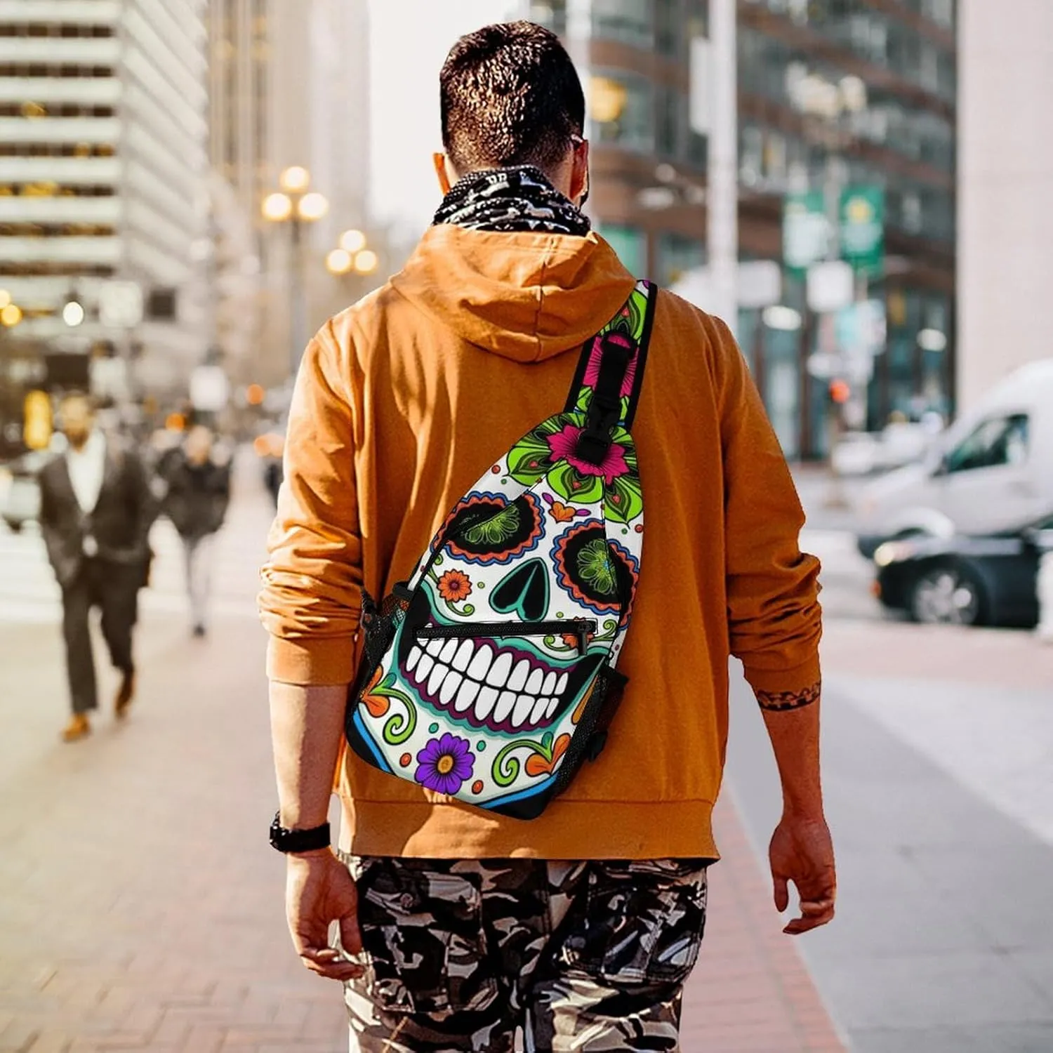 Ultra Lightweight Sling Backpack Shoulder Chest Crossbody Bag Multipurpose Anti-Theft Backpacking for Hiking Cycling Walking Dog Bicycle Travel - Day Of The Dead Vintage Mexican Flower Sugar Skulls