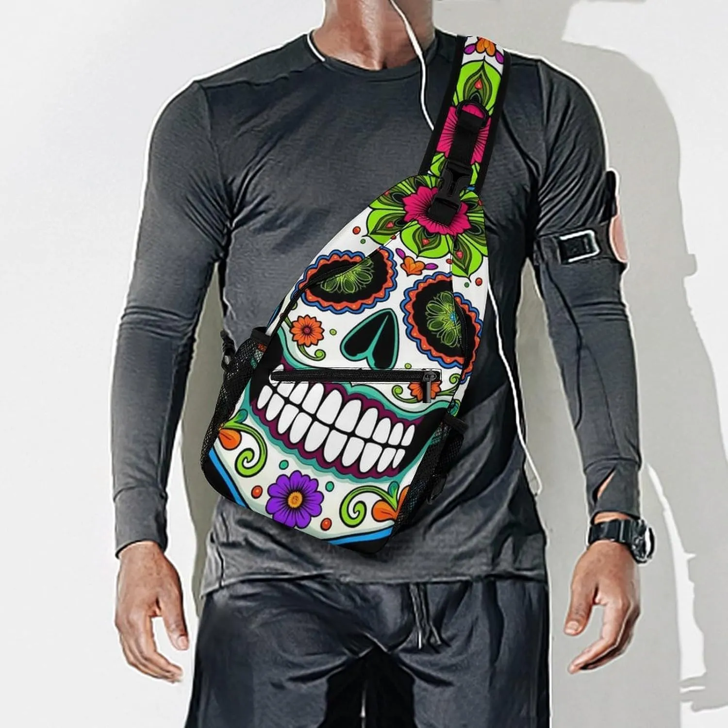 Ultra Lightweight Sling Backpack Shoulder Chest Crossbody Bag Multipurpose Anti-Theft Backpacking for Hiking Cycling Walking Dog Bicycle Travel - Day Of The Dead Vintage Mexican Flower Sugar Skulls