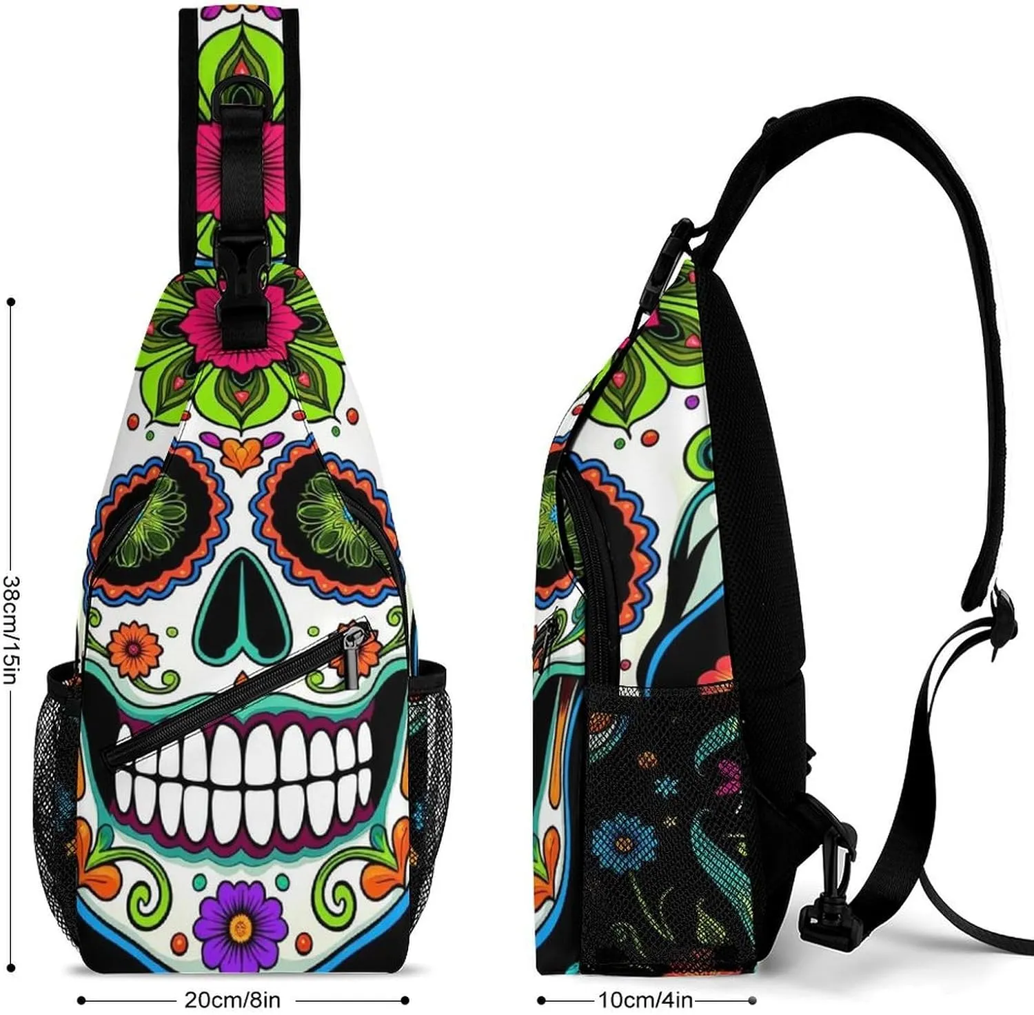 Ultra Lightweight Sling Backpack Shoulder Chest Crossbody Bag Multipurpose Anti-Theft Backpacking for Hiking Cycling Walking Dog Bicycle Travel - Day Of The Dead Vintage Mexican Flower Sugar Skulls