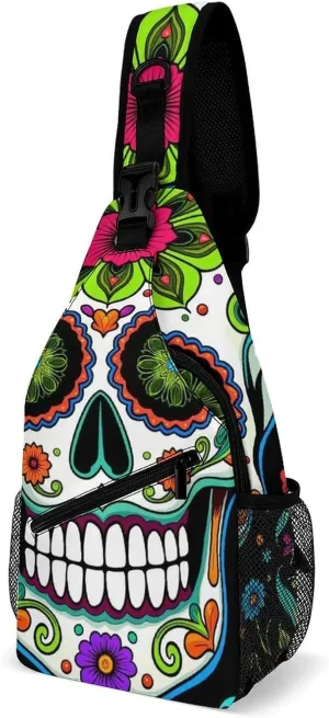 Ultra Lightweight Sling Backpack Shoulder Chest Crossbody Bag Multipurpose Anti-Theft Backpacking for Hiking Cycling Walking Dog Bicycle Travel - Day Of The Dead Vintage Mexican Flower Sugar Skulls