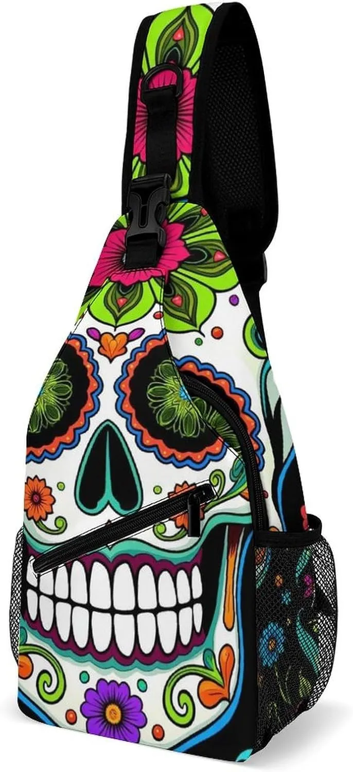 Ultra Lightweight Sling Backpack Shoulder Chest Crossbody Bag Multipurpose Anti-Theft Backpacking for Hiking Cycling Walking Dog Bicycle Travel - Day Of The Dead Vintage Mexican Flower Sugar Skulls