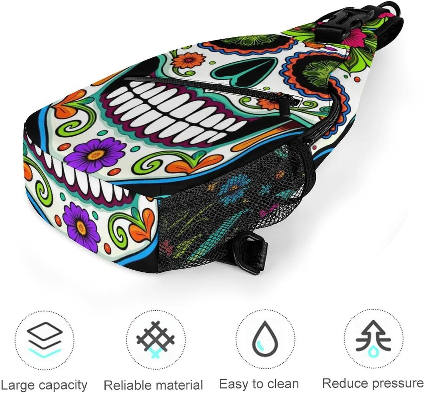 Ultra Lightweight Sling Backpack Shoulder Chest Crossbody Bag Multipurpose Anti-Theft Backpacking for Hiking Cycling Walking Dog Bicycle Travel - Day Of The Dead Vintage Mexican Flower Sugar Skulls
