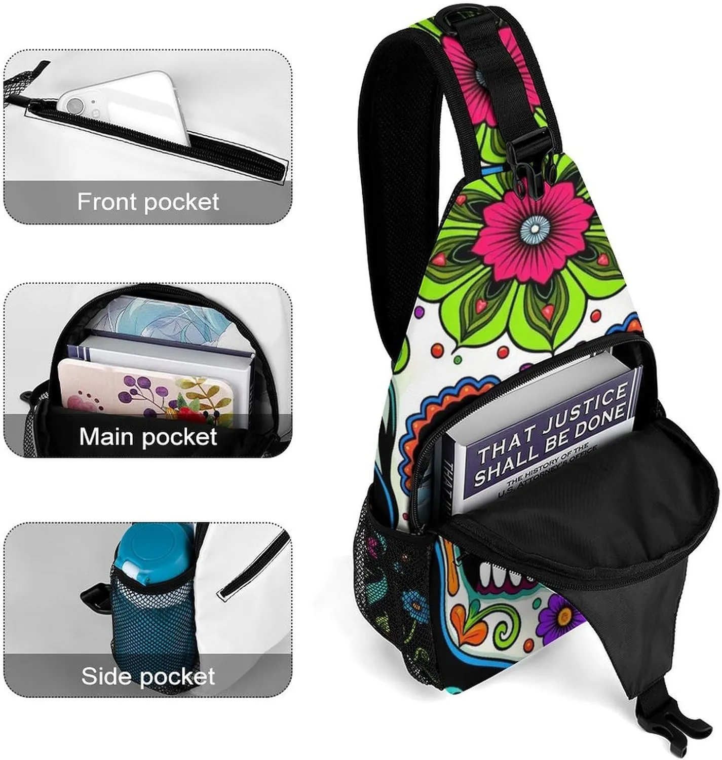 Ultra Lightweight Sling Backpack Shoulder Chest Crossbody Bag Multipurpose Anti-Theft Backpacking for Hiking Cycling Walking Dog Bicycle Travel - Day Of The Dead Vintage Mexican Flower Sugar Skulls