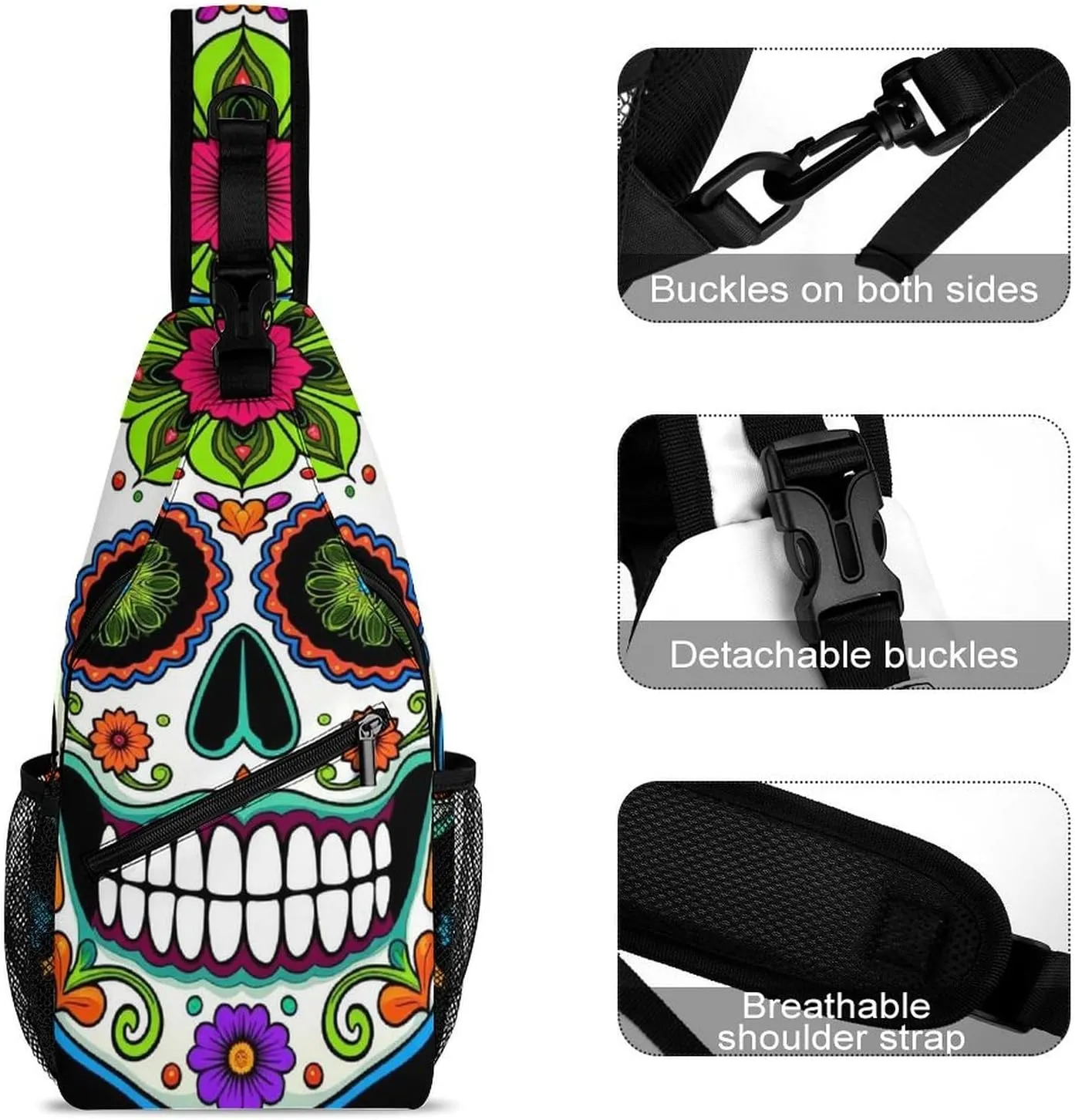 Ultra Lightweight Sling Backpack Shoulder Chest Crossbody Bag Multipurpose Anti-Theft Backpacking for Hiking Cycling Walking Dog Bicycle Travel - Day Of The Dead Vintage Mexican Flower Sugar Skulls