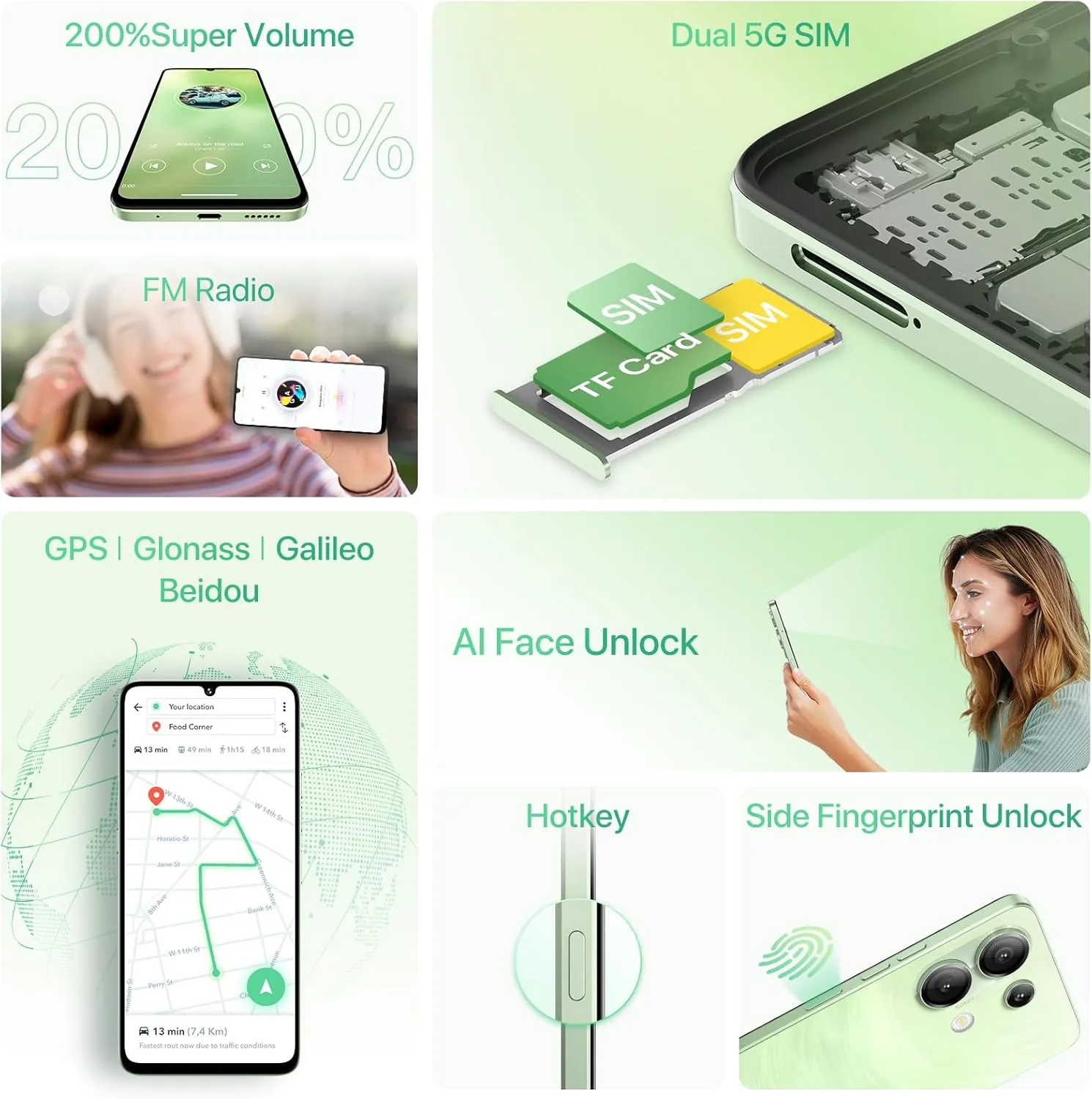 UMIDIGI G9 5G Unlocked Phone, Android 14 Cell Phone, 5G Dual SIM, 12(6 6) GB  128GB/1TB TF Expand, 6.75" HD  90Hz Display, 50MP Camera, AI Face & Fingerprint Unlock, 5000mAh Android Phone Green