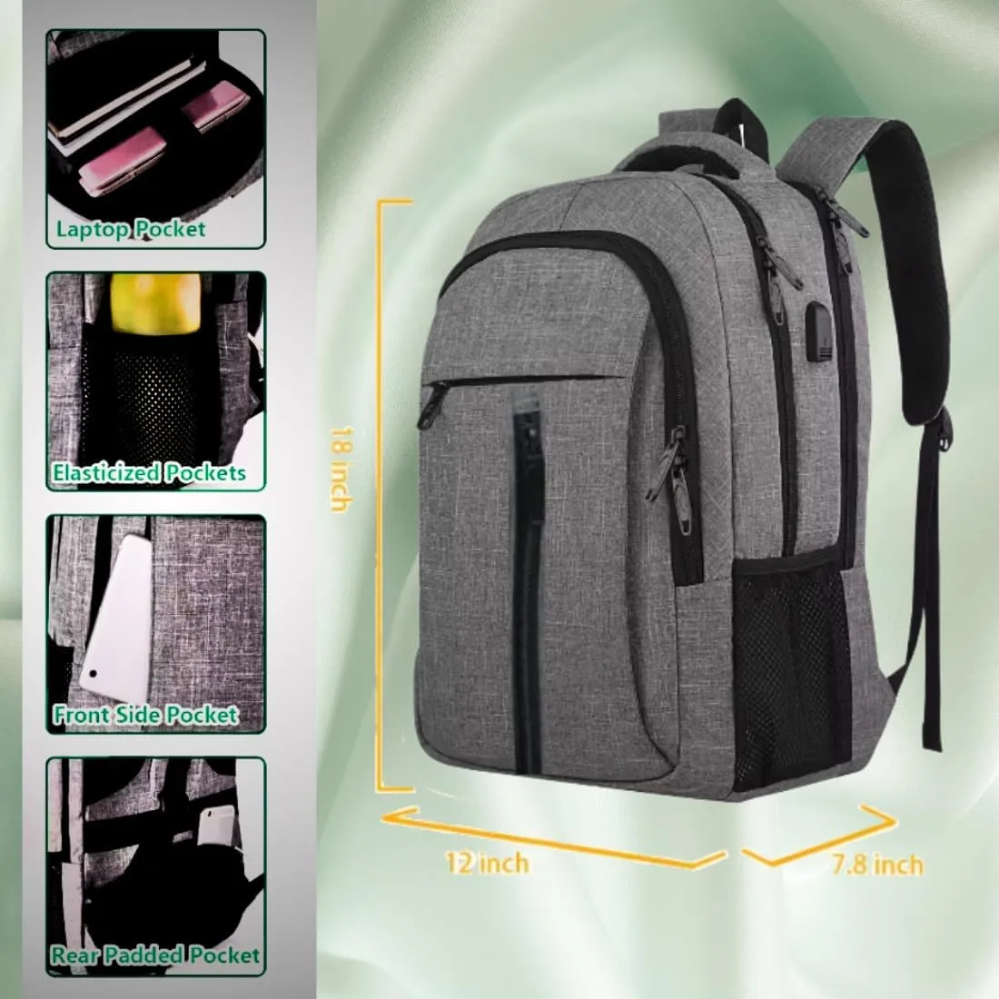 Universal Laptop Backpack Up to 15.6"" Waterproof Anti-Theft Bag with USB Charging Briefcase Sports Office Bag (Grey), big
