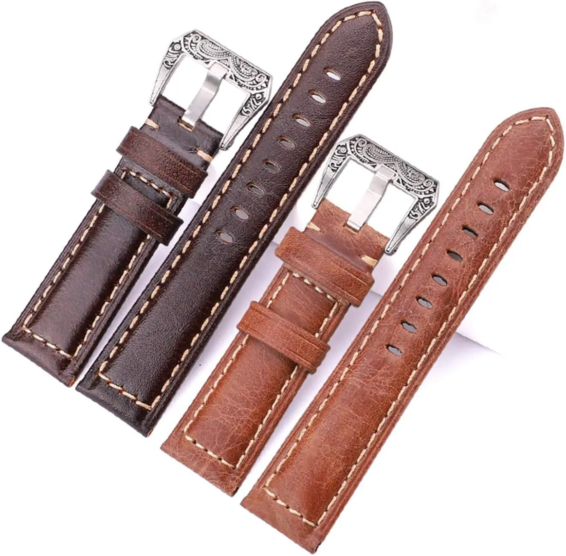 Universal Strap,20mm 22mm 24mm Watchbands Handmade Vintage Men Women Soft Leather Watch Strap with Silver Stainless Steel Buckles