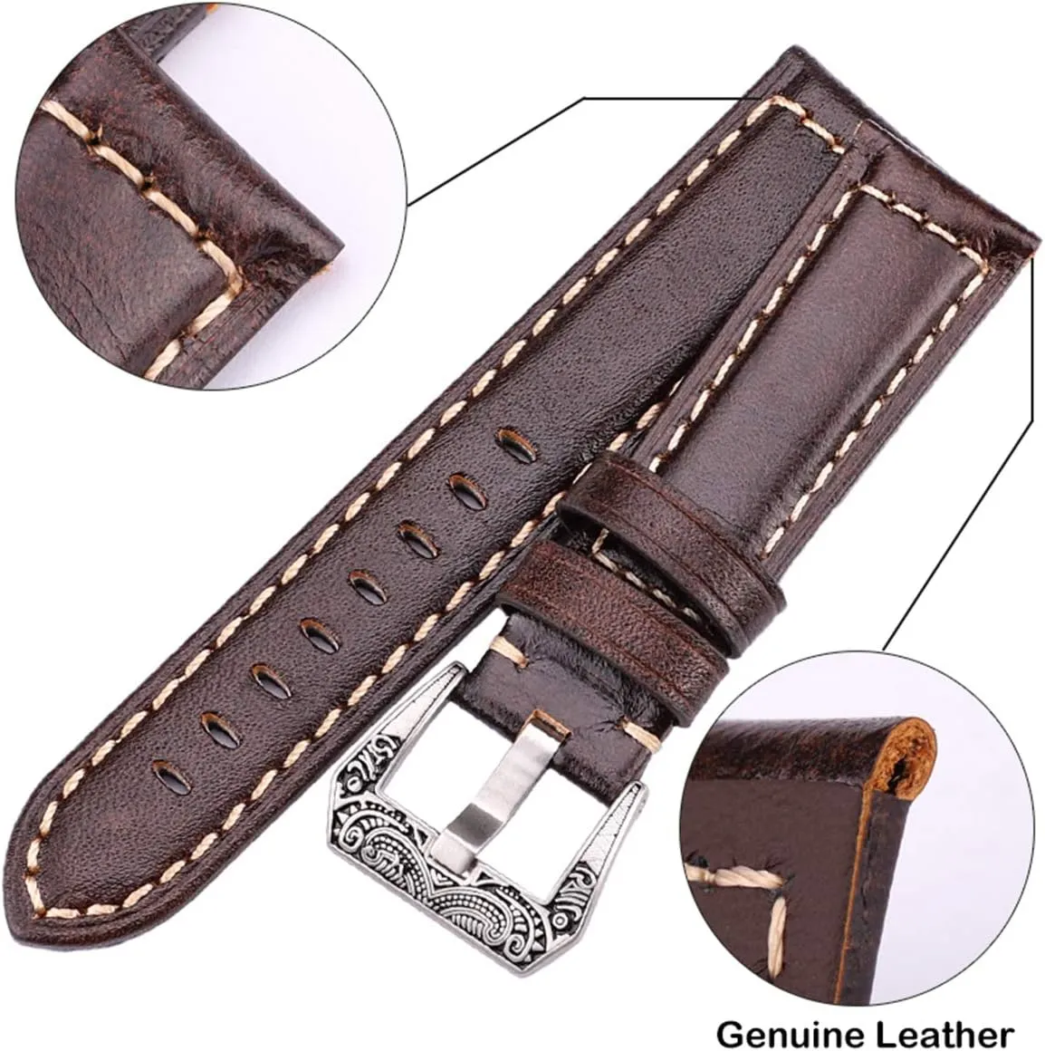 Universal Strap,20mm 22mm 24mm Watchbands Handmade Vintage Men Women Soft Leather Watch Strap with Silver Stainless Steel Buckles