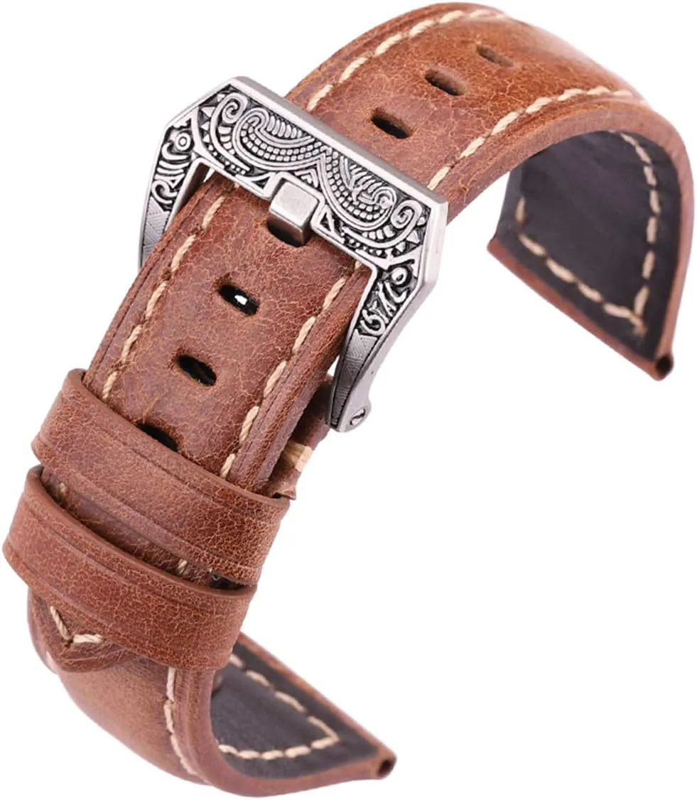 Universal Strap,20mm 22mm 24mm Watchbands Handmade Vintage Men Women Soft Leather Watch Strap with Silver Stainless Steel Buckles