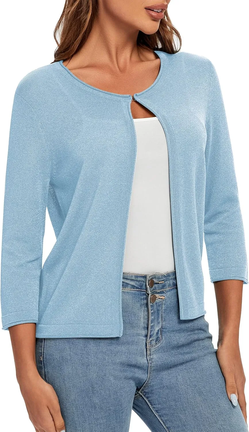 Urban CoCo Women's 3/4 Sleeve Open Front Shrugs Lightweight Crew Neck Cardigan Sweater