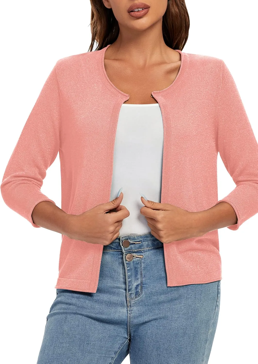 Urban CoCo Women's 3/4 Sleeve Open Front Shrugs Lightweight Crew Neck Cardigan Sweater