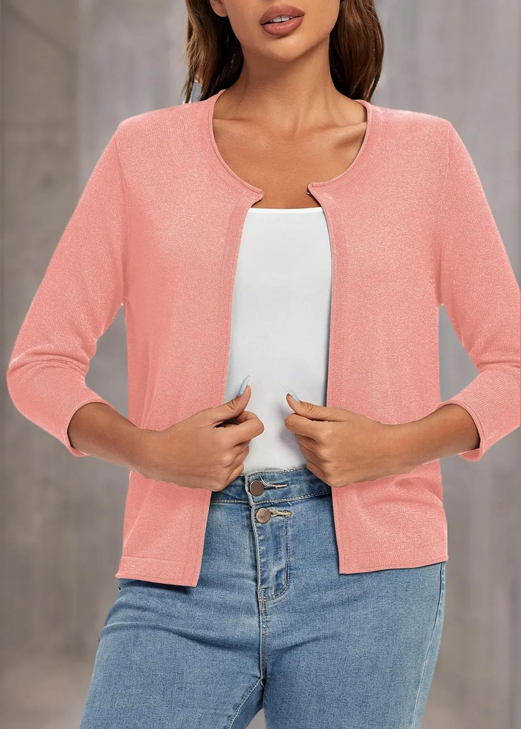 Urban CoCo Women's 3/4 Sleeve Open Front Shrugs Lightweight Crew Neck Cardigan Sweater