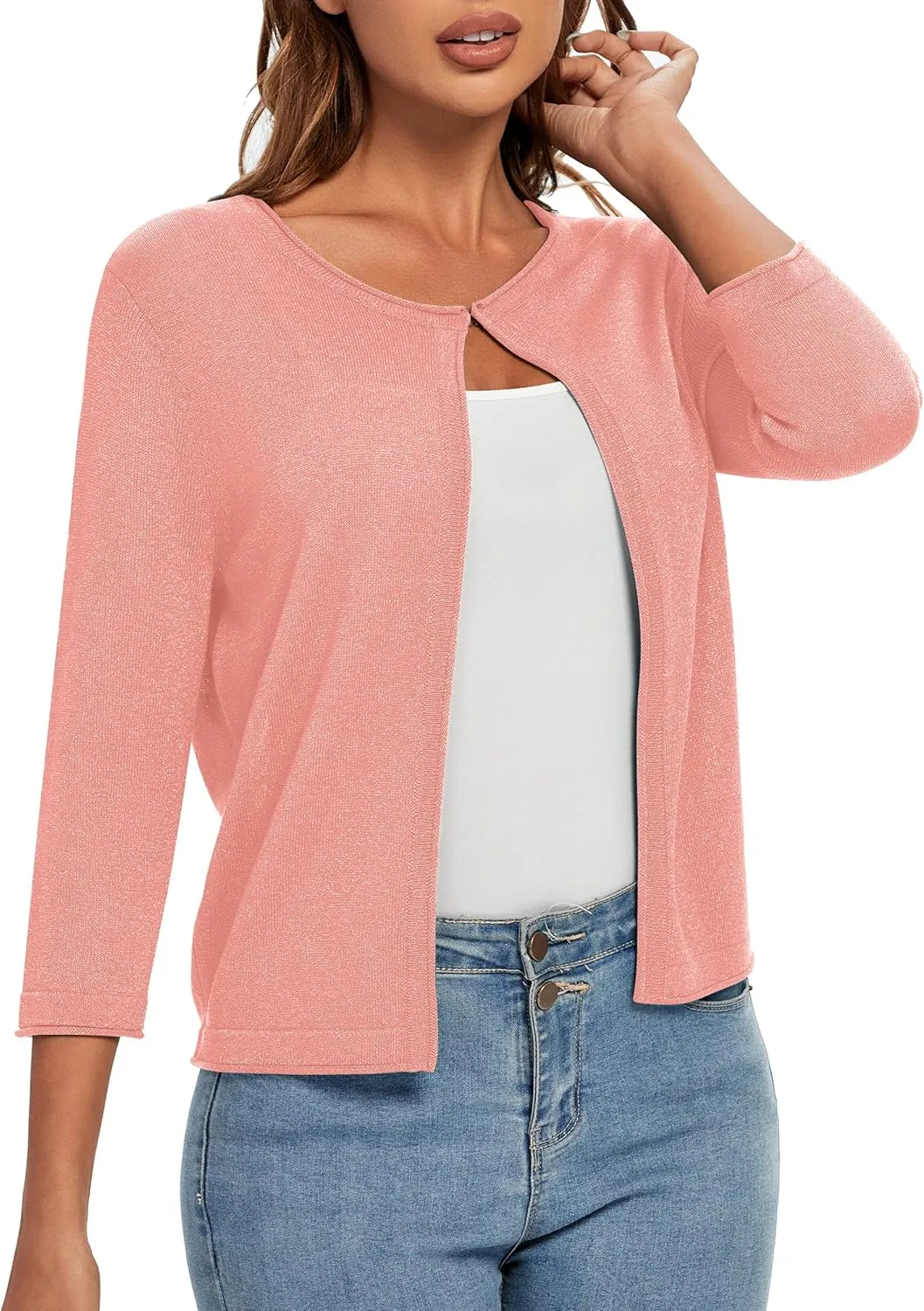 Urban CoCo Women's 3/4 Sleeve Open Front Shrugs Lightweight Crew Neck Cardigan Sweater