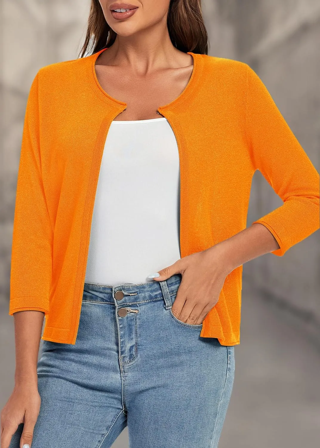 Urban CoCo Women's 3/4 Sleeve Open Front Shrugs Lightweight Crew Neck Cardigan Sweater