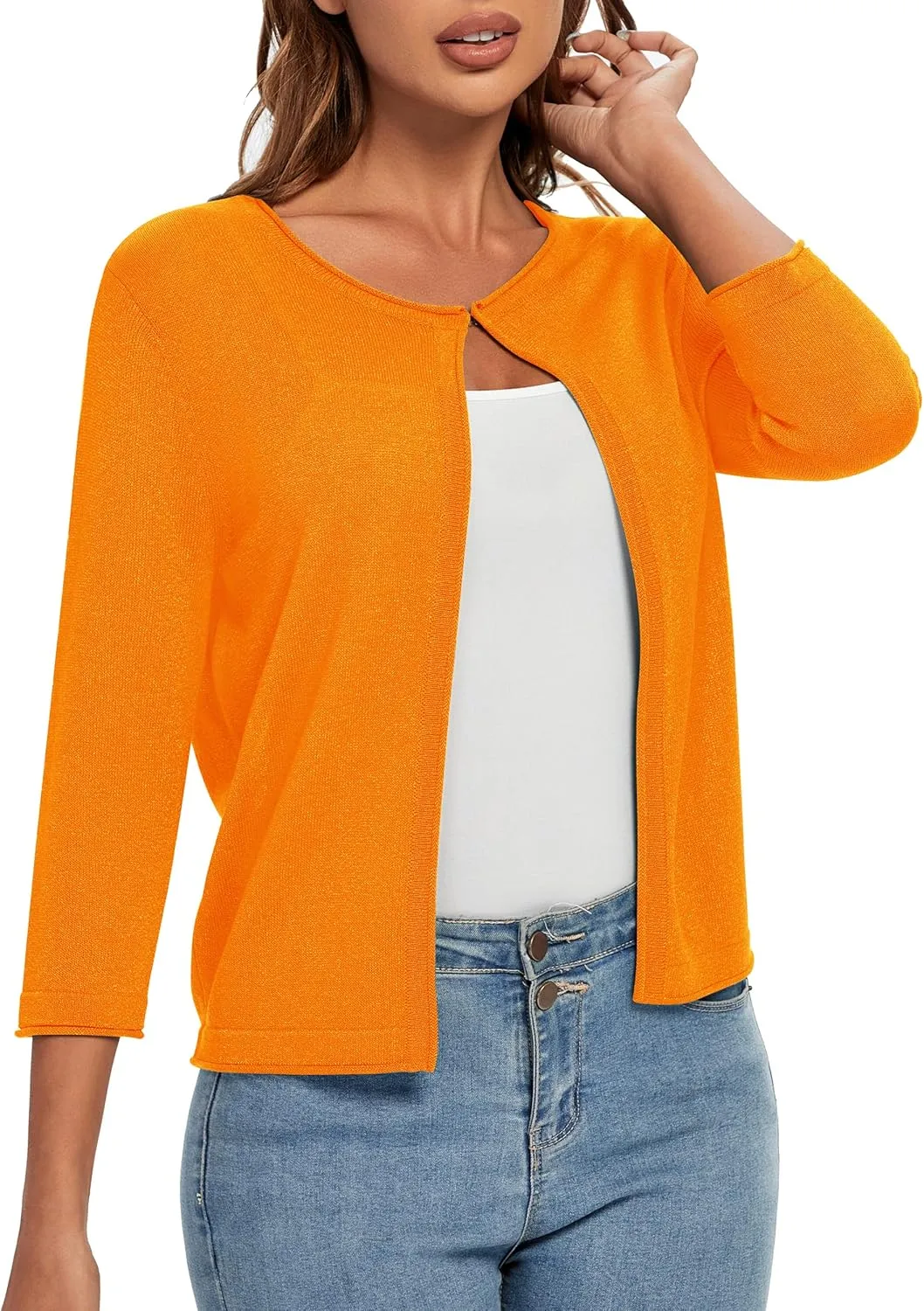 Urban CoCo Women's 3/4 Sleeve Open Front Shrugs Lightweight Crew Neck Cardigan Sweater