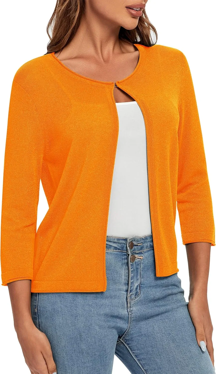 Urban CoCo Women's 3/4 Sleeve Open Front Shrugs Lightweight Crew Neck Cardigan Sweater