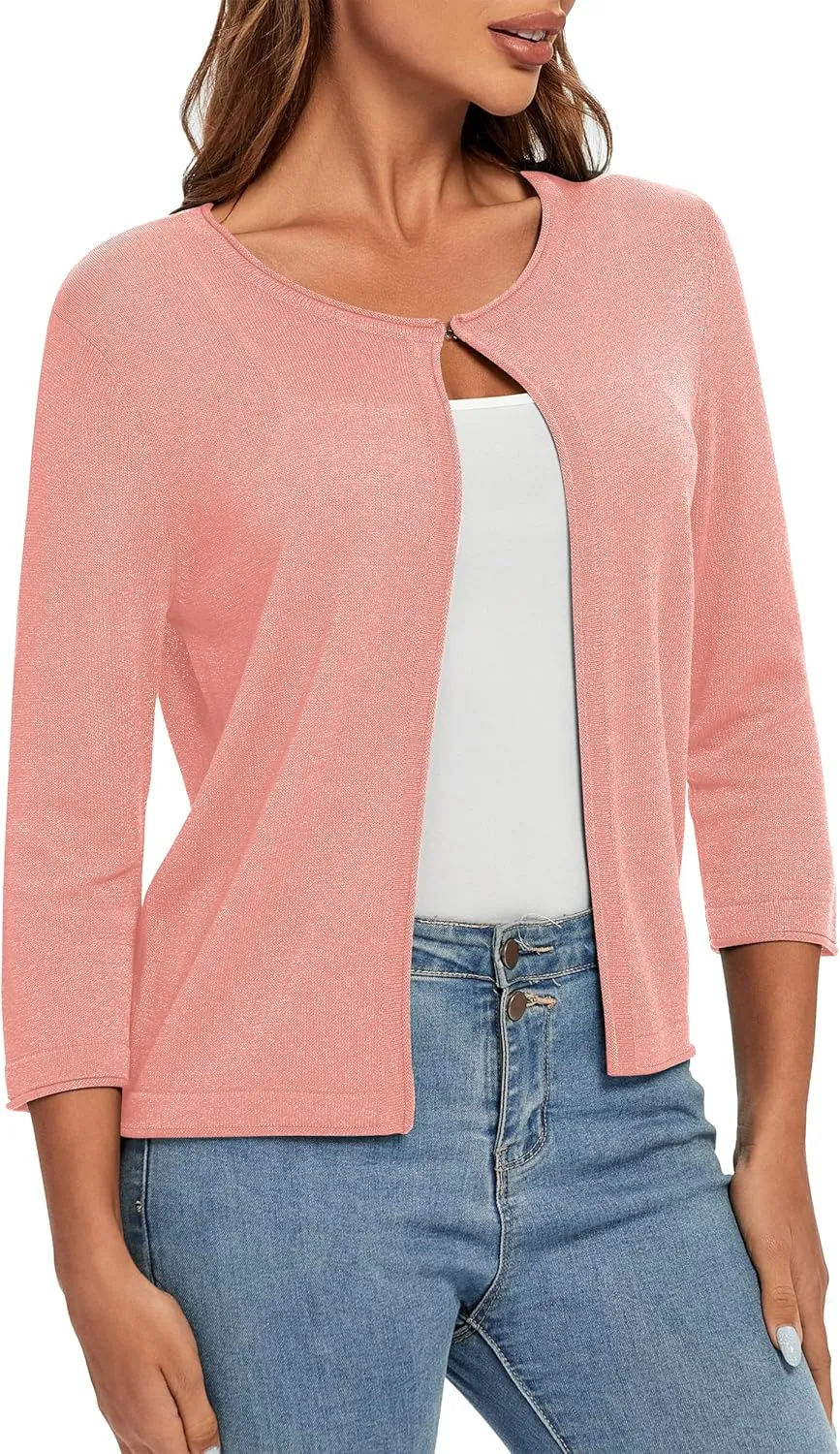 Urban CoCo Women's 3/4 Sleeve Open Front Shrugs Lightweight Crew Neck Cardigan Sweater