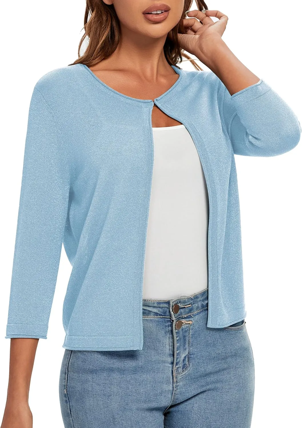 Urban CoCo Women's 3/4 Sleeve Open Front Shrugs Lightweight Crew Neck Cardigan Sweater