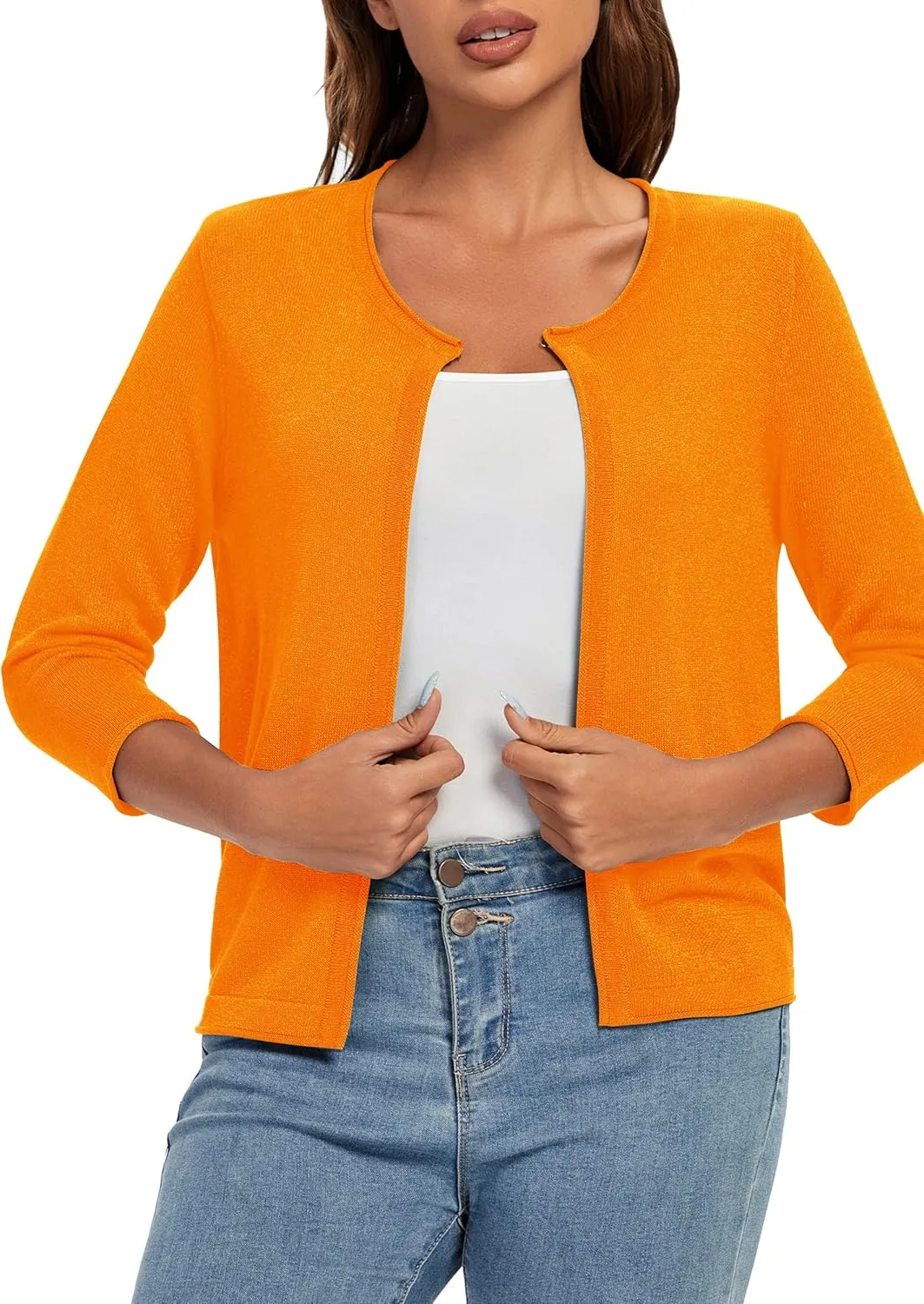 Urban CoCo Women's 3/4 Sleeve Open Front Shrugs Lightweight Crew Neck Cardigan Sweater