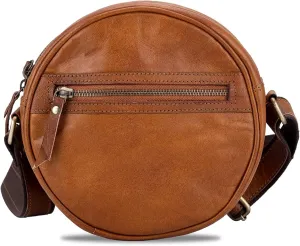 URBAN LEATHER 9 inch Vintage Leather Circle Shoulder Bag Purses Handbags for Women Small Round Beach Bags with Adjustable Straps, Brown
