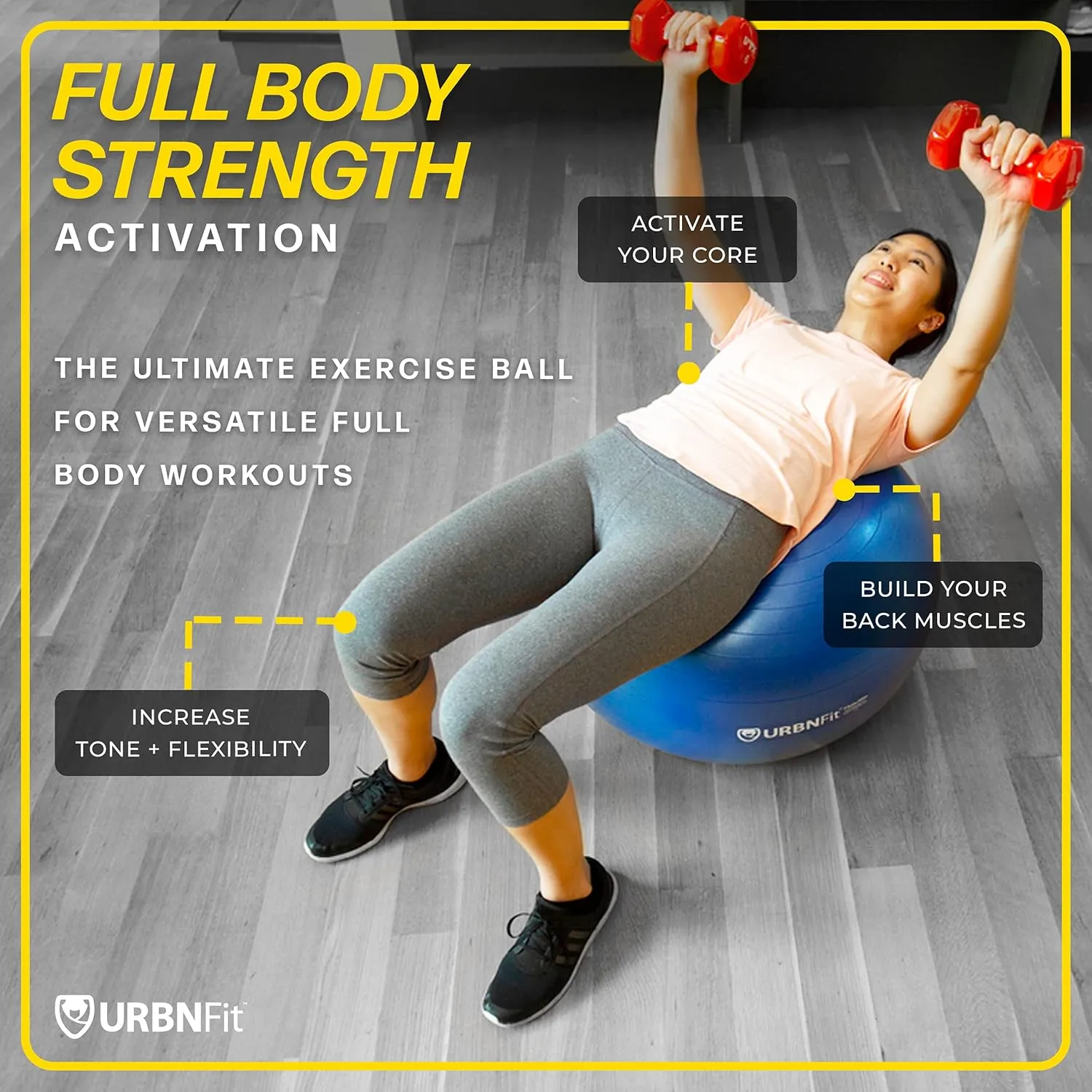 URBNFit Exercise Ball - Yoga Ball in Multiple Sizes for Workout, Pregnancy, Stability - Anti-Burst Swiss Balance Ball w/Quick Pump - Fitness Ball Chair for Office, Home, Gym