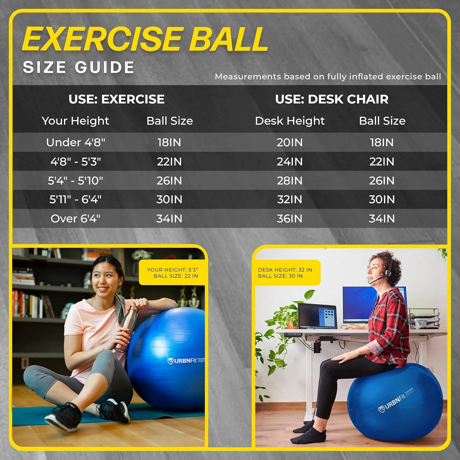 URBNFit Exercise Ball - Yoga Ball in Multiple Sizes for Workout, Pregnancy, Stability - Anti-Burst Swiss Balance Ball w/Quick Pump - Fitness Ball Chair for Office, Home, Gym