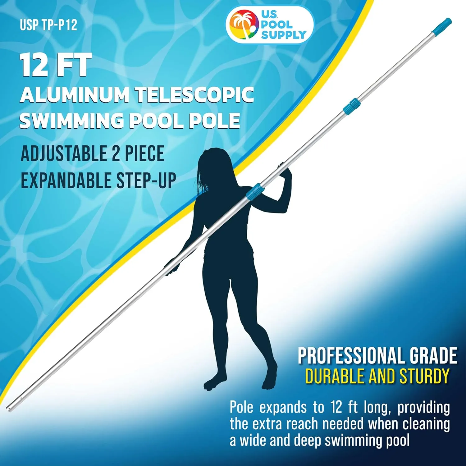 U.S. Pool Supply Telescoping Pole 12-Foot Aluminum Pool Pole Telescopic Cleaning, Adjustable 3 Piece Expandable Step-Up - Secure Locking Cams, Attach Connect Skimmer Net Rake Brush Vacuum Heads Hoses