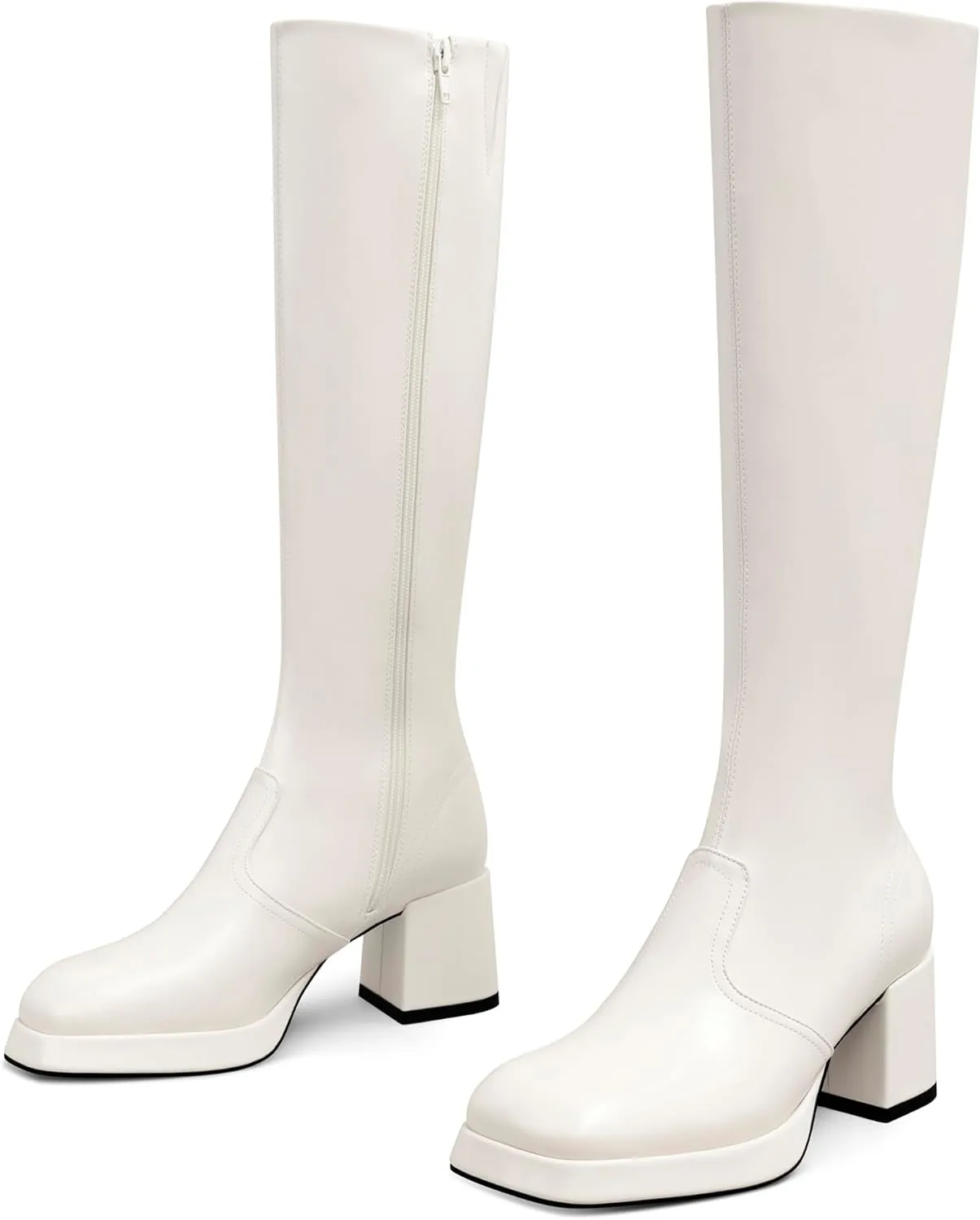 USIMAD Womens Knee High Boots - Chunky Heel Platform Boots with Square Toe, Side Zipper, Tall Length