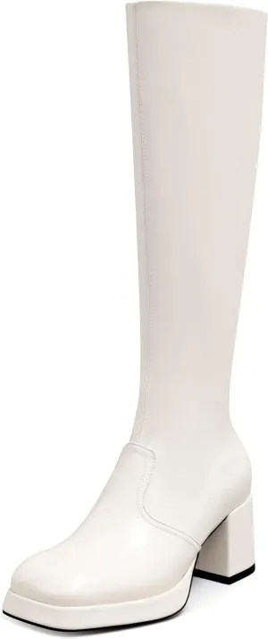 USIMAD Womens Knee High Boots - Chunky Heel Platform Boots with Square Toe, Side Zipper, Tall Length