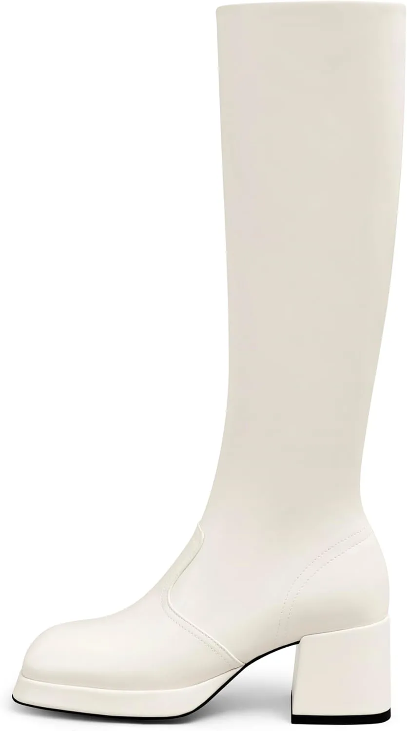 USIMAD Womens Knee High Boots - Chunky Heel Platform Boots with Square Toe, Side Zipper, Tall Length
