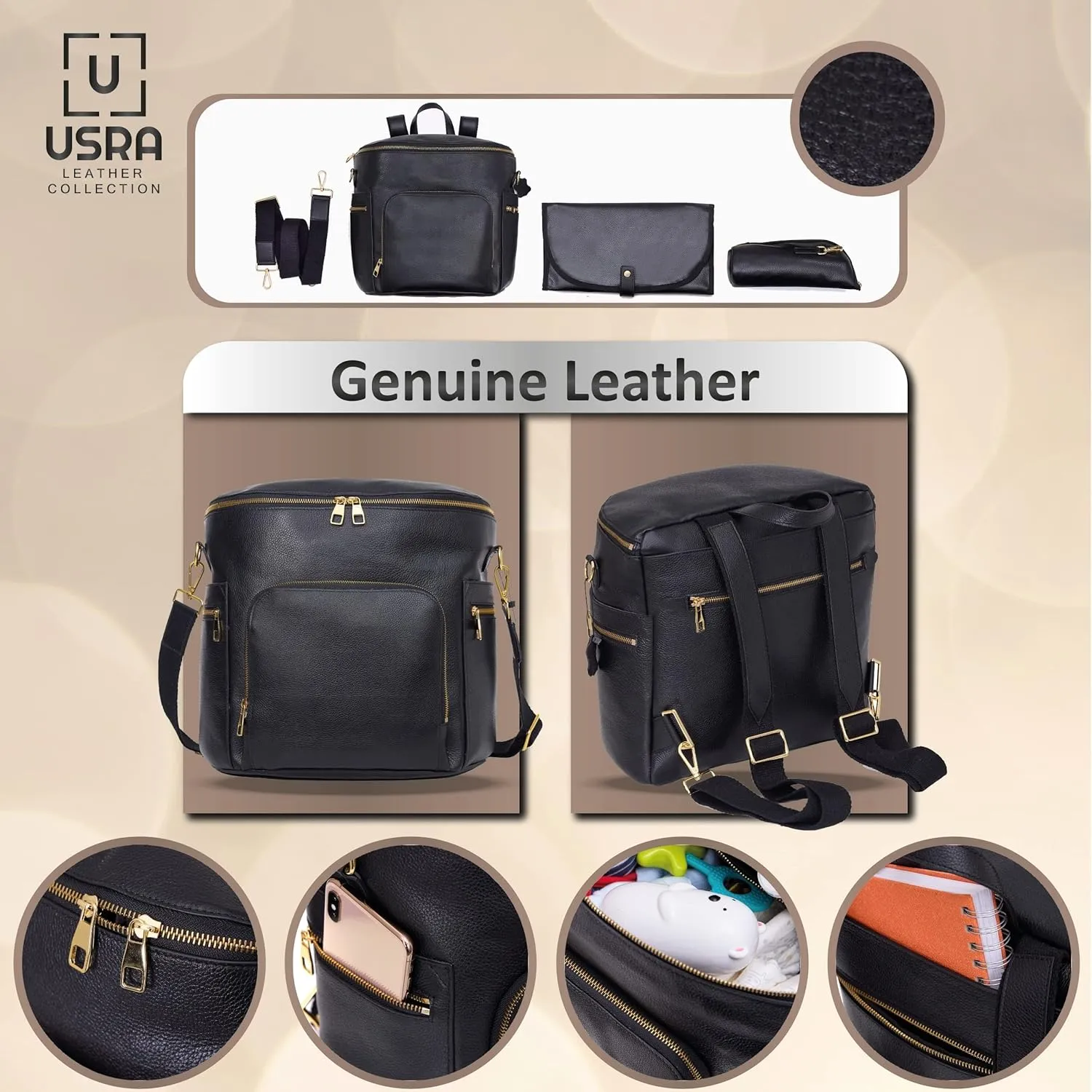 USRA Premium Genuine Leather Diaper Bag Multifunctional Backpack Crossbody for Woman, Baby, Nurse Bag Large Capacity for Travel, Work with Changing Pad Insulated Bottle Holder