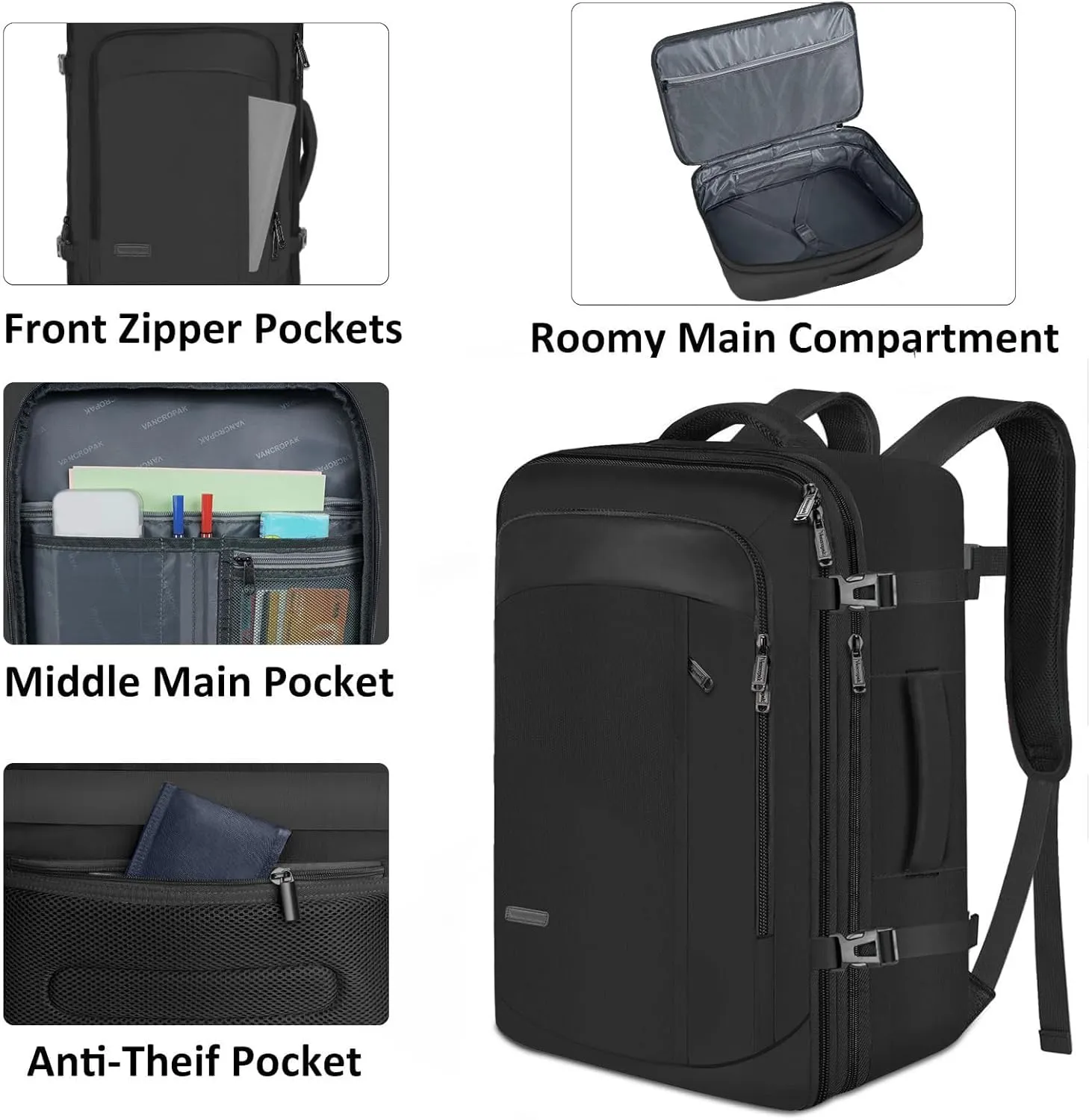 Vancropak Backpack for Men, Extra Large 50L Travel Backpack, Carry on Airplane Approved Luggage Bag with 3 Packing Cubes for Suitcases, Overnight Weekender Business Hiking Daypack Bag, Black