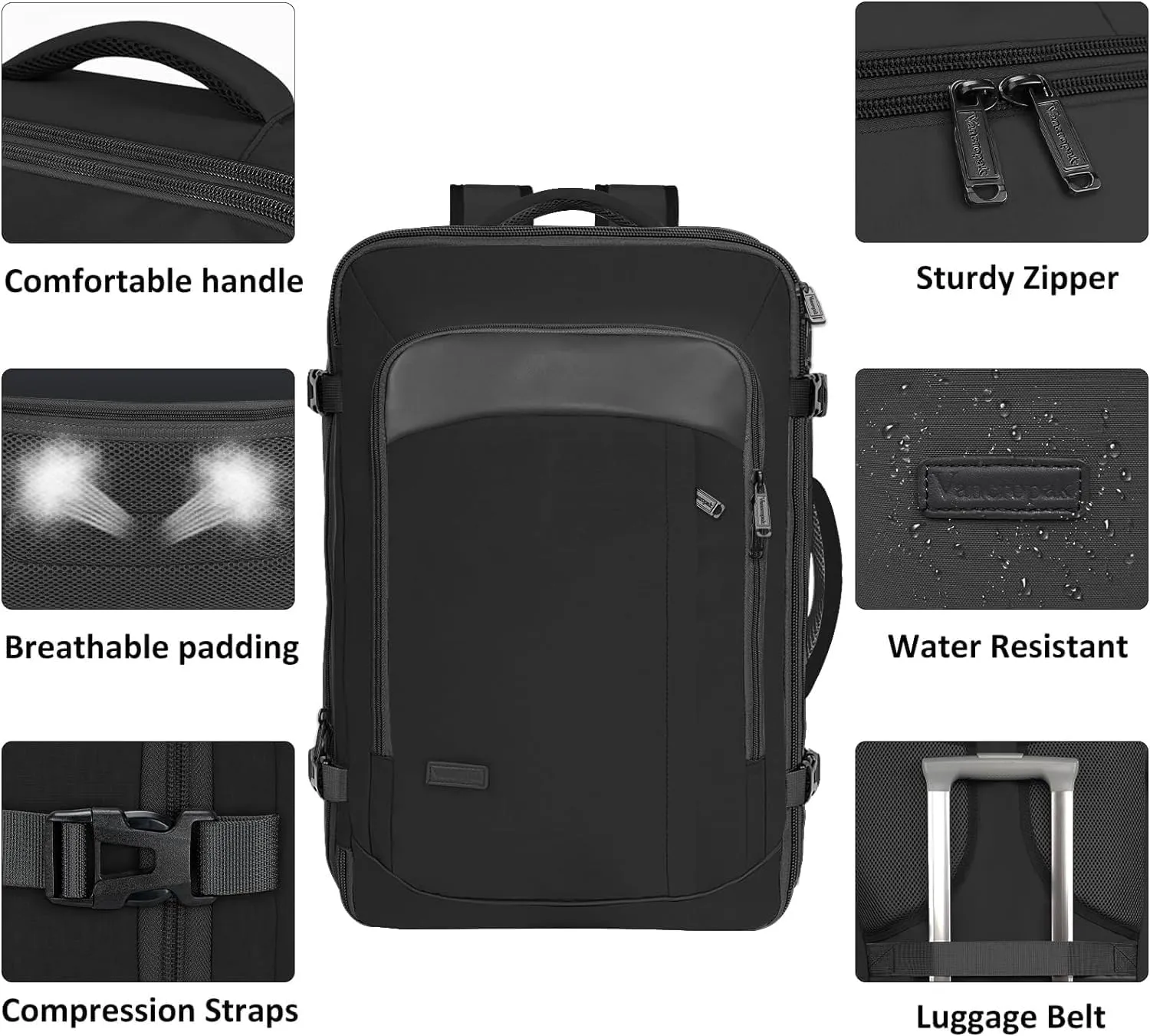 Vancropak Backpack for Men, Extra Large 50L Travel Backpack, Carry on Airplane Approved Luggage Bag with 3 Packing Cubes for Suitcases, Overnight Weekender Business Hiking Daypack Bag, Black