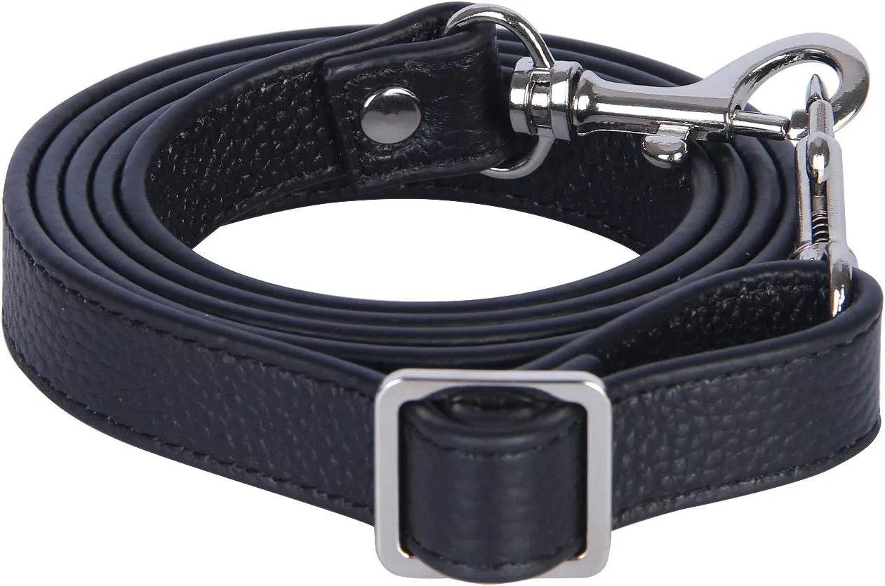 VanEnjoy Full Grain Leather Adjustable Replacement Cross Body Purse Shoulder Strap, 0.7” Width, Adjustable Length 25”-51” (Black-Silver Buckles)