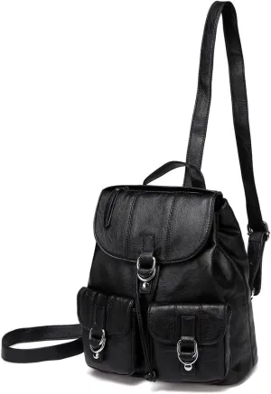 VASCHY Mini Backpack Purse for Women, Fashion Faux Leather Buckle Flap Drawstring Backpack for College with Two Front Pockets Black