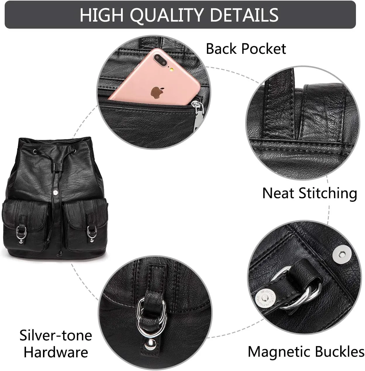 VASCHY Mini Backpack Purse for Women, Fashion Faux Leather Buckle Flap Drawstring Backpack for College with Two Front Pockets Black