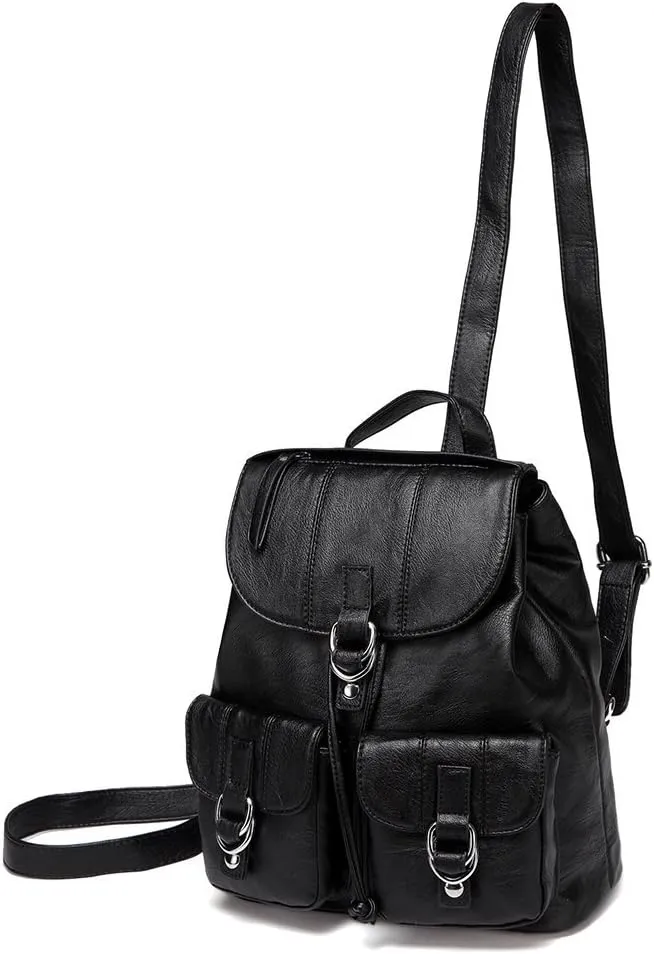 VASCHY Mini Backpack Purse for Women, Fashion Faux Leather Buckle Flap Drawstring Backpack for College with Two Front Pockets Black