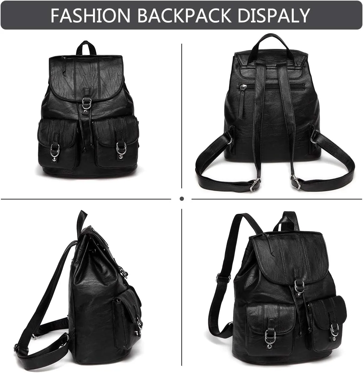 VASCHY Mini Backpack Purse for Women, Fashion Faux Leather Buckle Flap Drawstring Backpack for College with Two Front Pockets Black